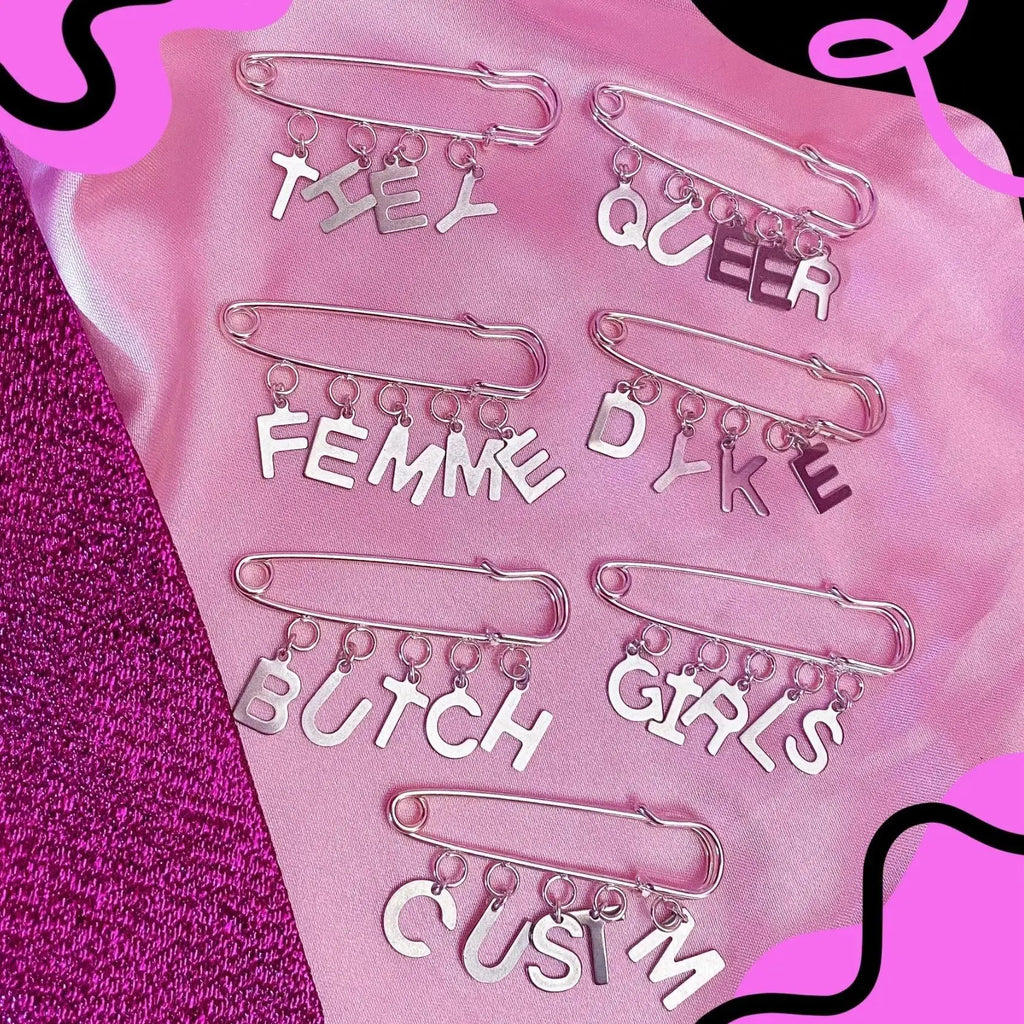 Safety pin custom word letter charm brooch Leftbians