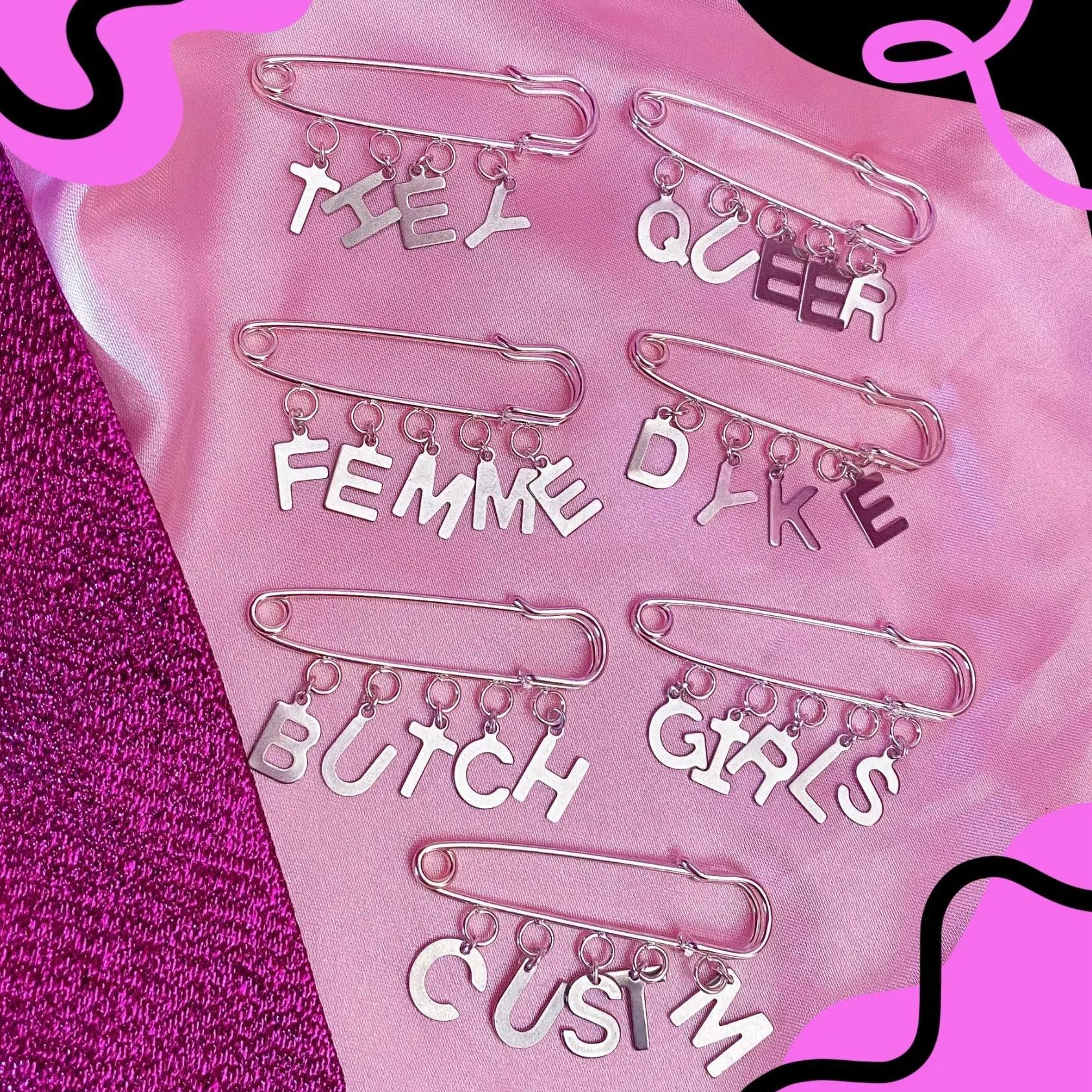 Safety pin custom word letter charm brooch Leftbians