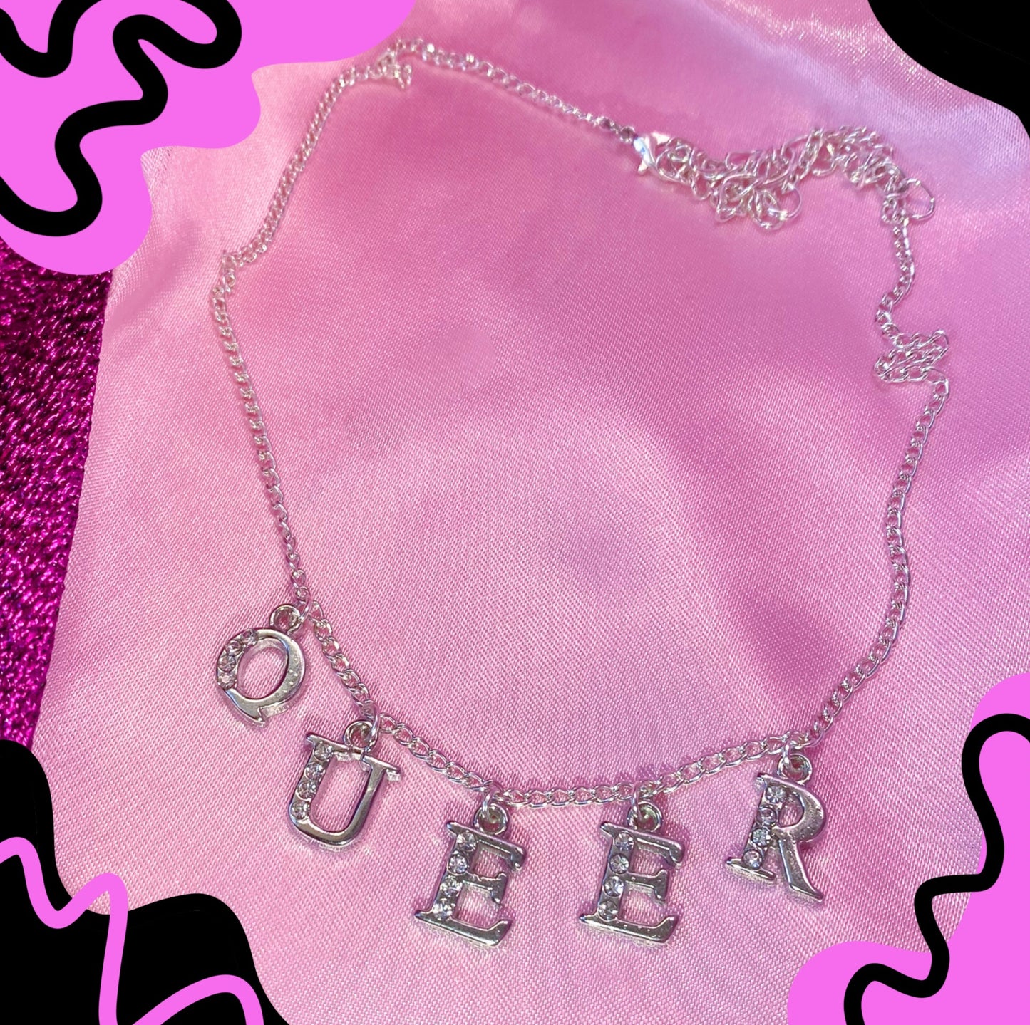 QUEER Diamanté silver letter sparkly necklace