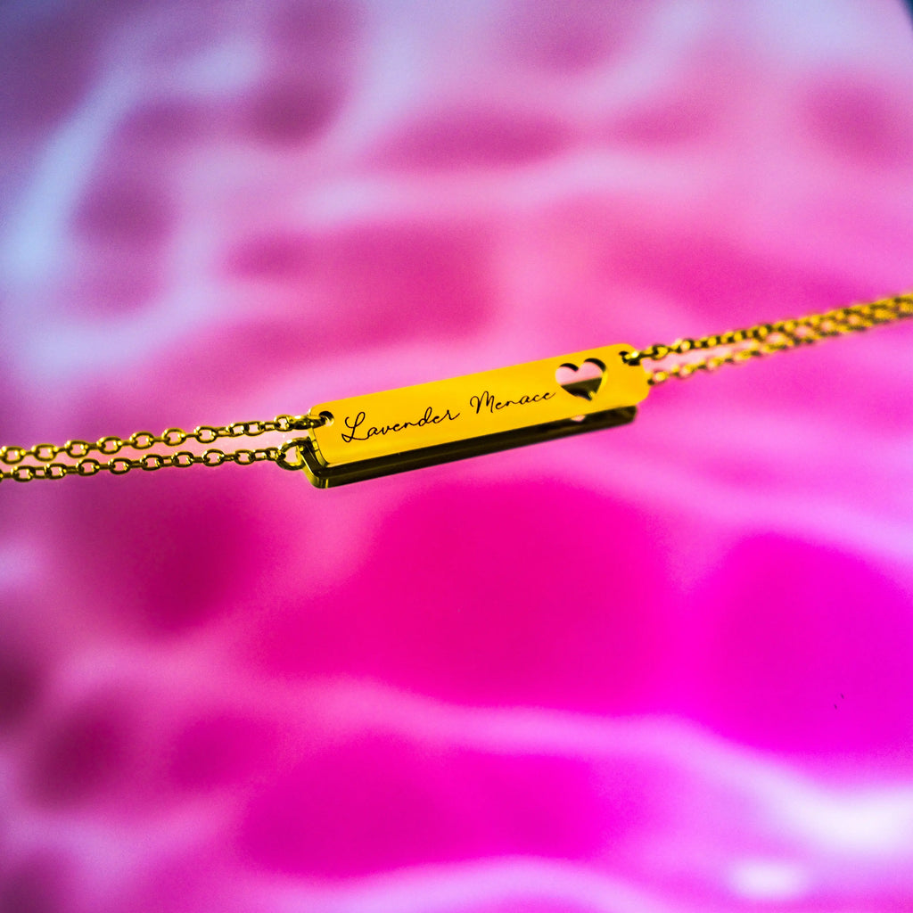 Gold Lavender Menace Engraved Bar Necklace with Heart Cut-Out in 304 Stainless Steel Leftbians