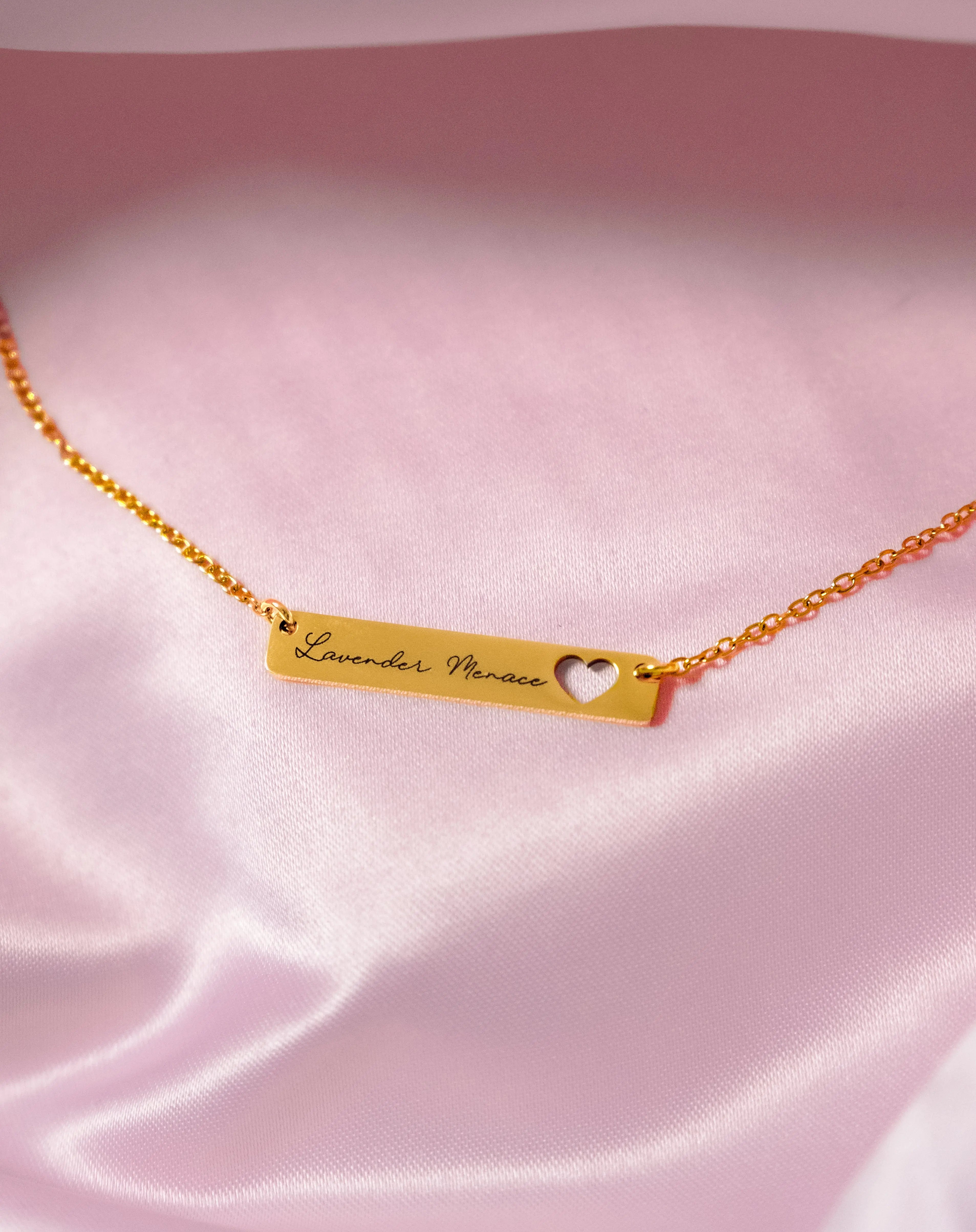 Gold Lavender Menace Engraved Bar Necklace with Heart Cut-Out in 304 Stainless Steel Leftbians