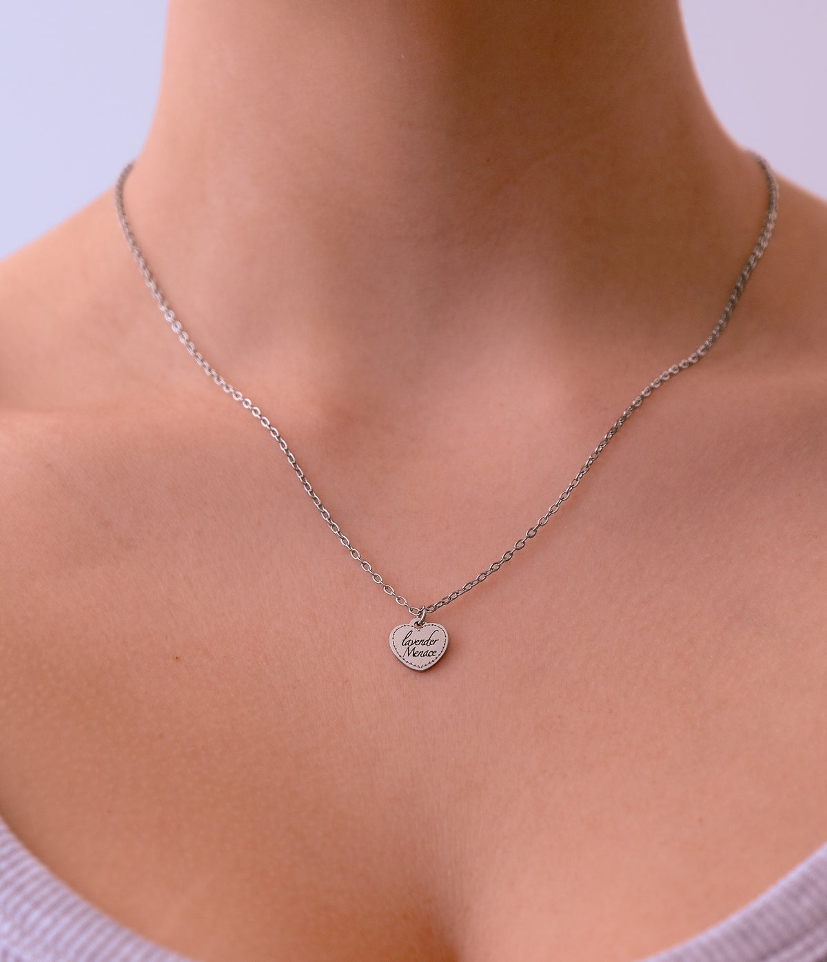 Lavender Menace Engraved Heart Necklace in 304 Stainless Steel