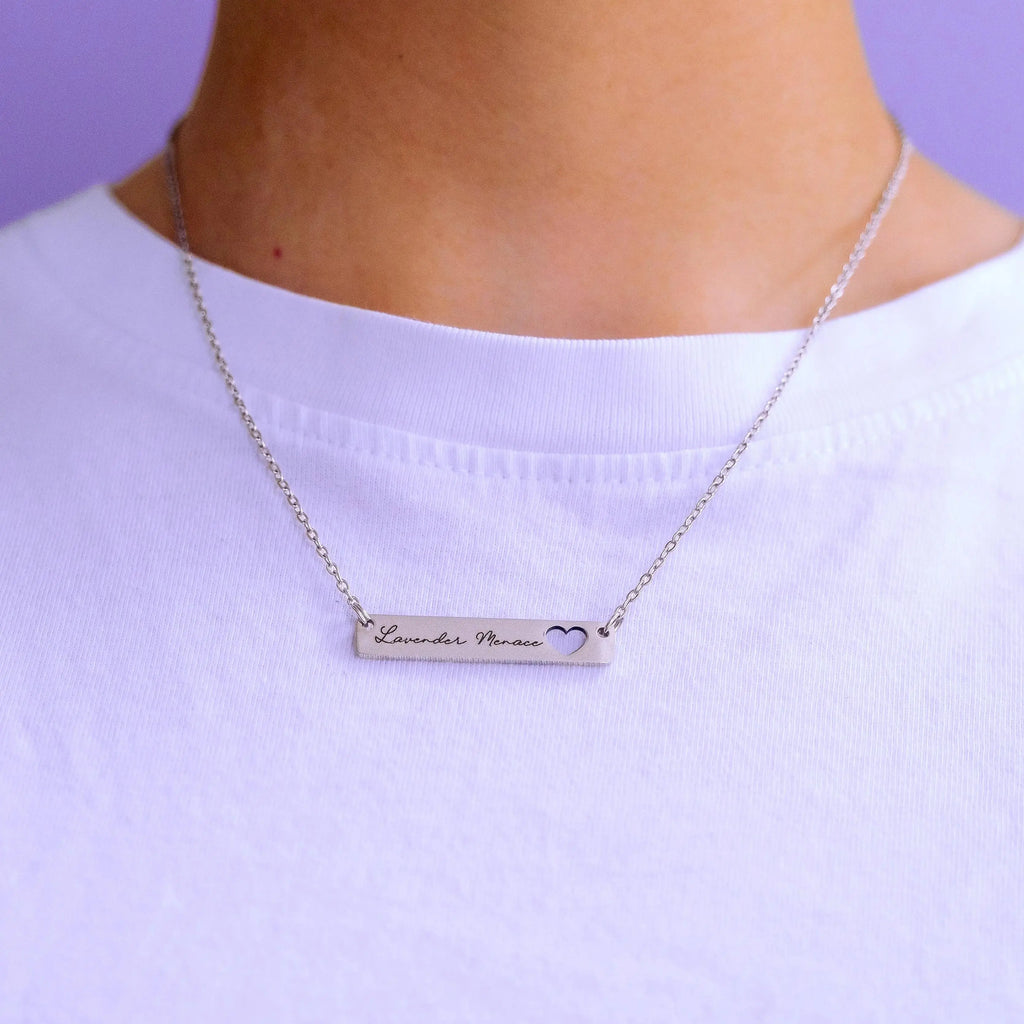 Lavender Menace Engraved Bar Necklace with Heart Cut-Out in 304 Stainless Steel Leftbians