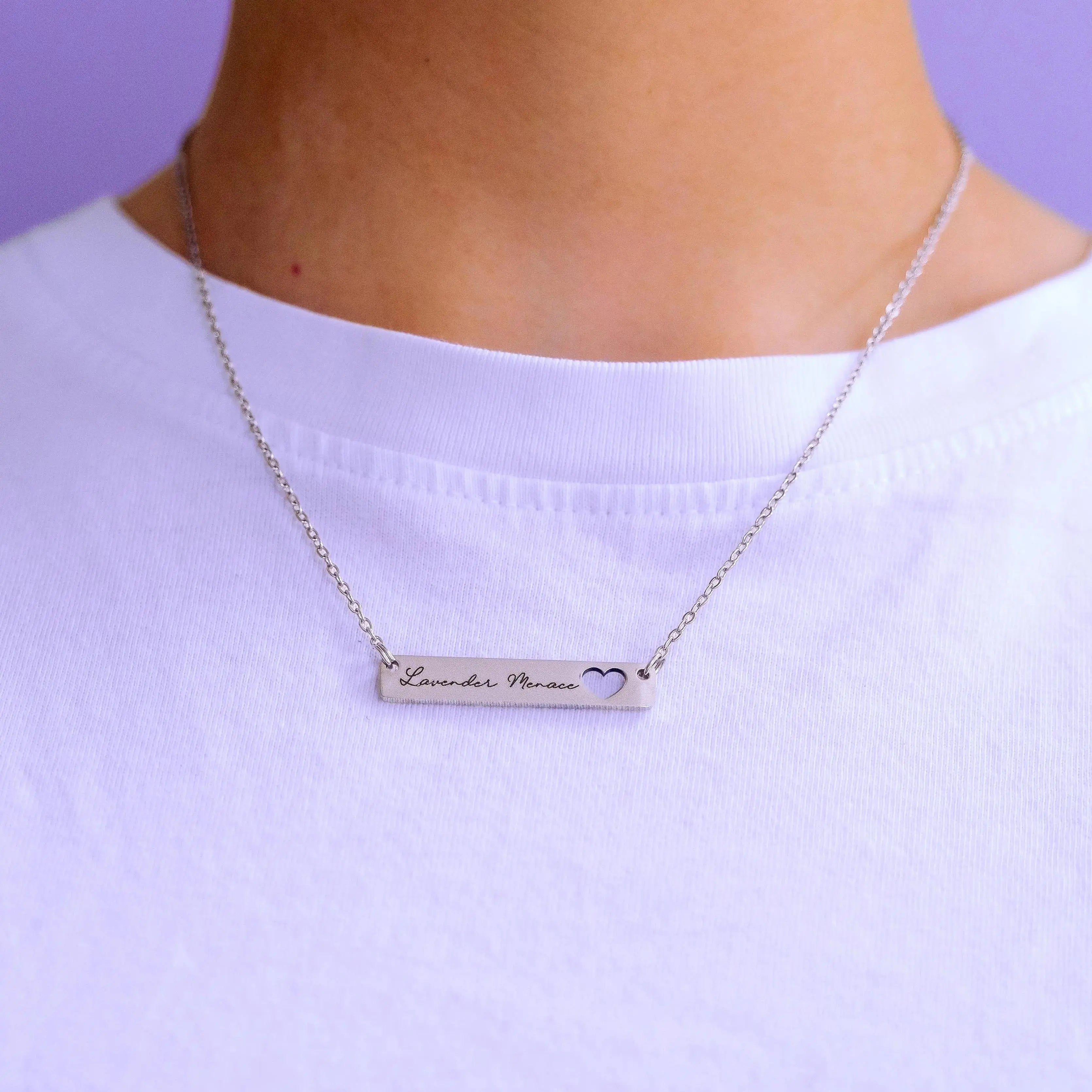 Lavender Menace Engraved Bar Necklace with Heart Cut-Out in 304 Stainless Steel Leftbians