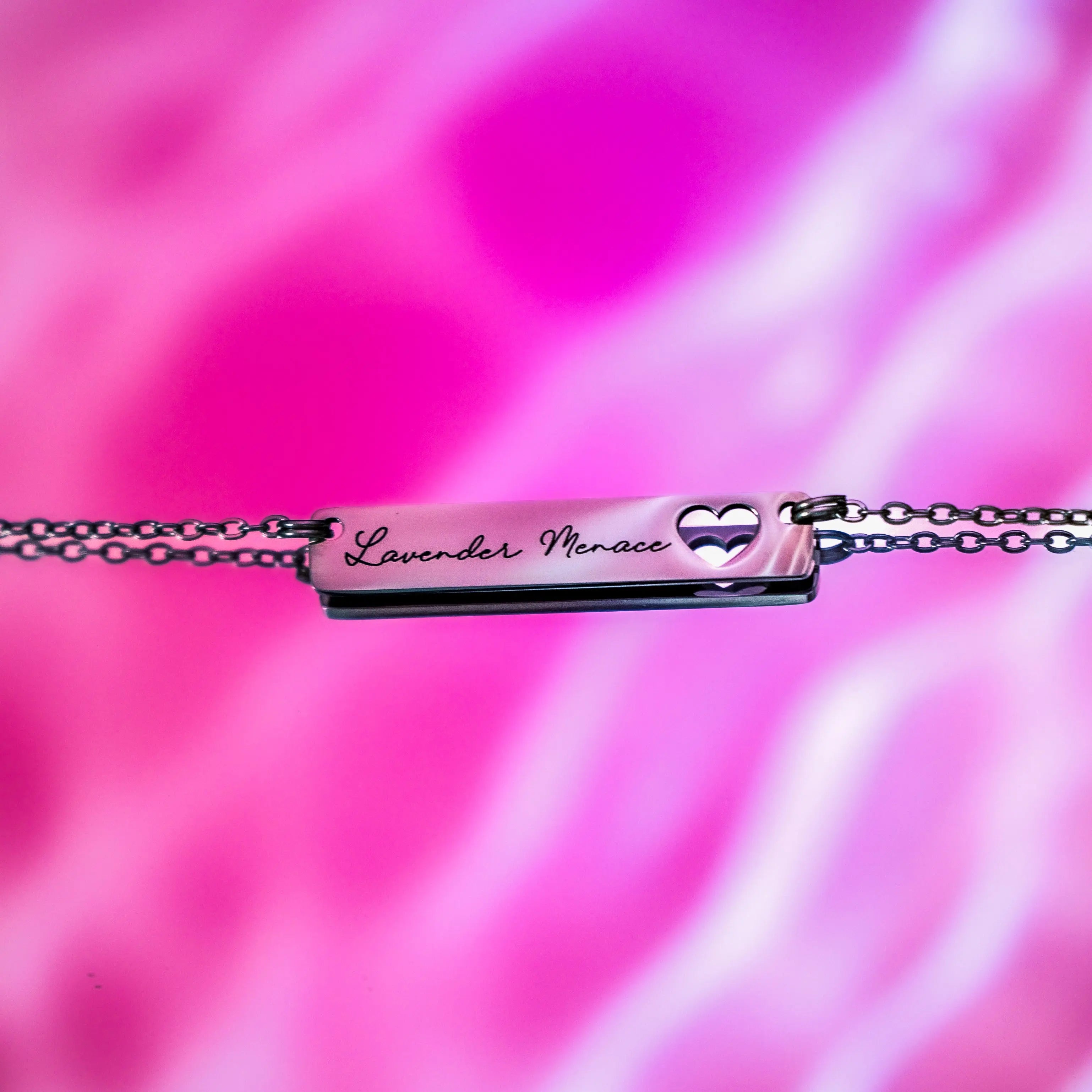 Lavender Menace Engraved Bar Necklace with Heart Cut-Out in 304 Stainless Steel Leftbians