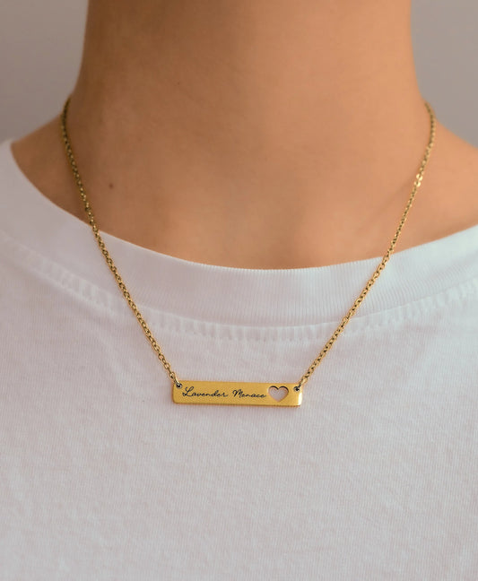 Gold Lavender Menace engraved bar necklace in 304 stainless steel