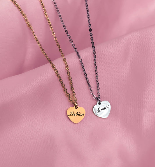 Femme love heart engraved necklace in 304 stainless steel Leftbians