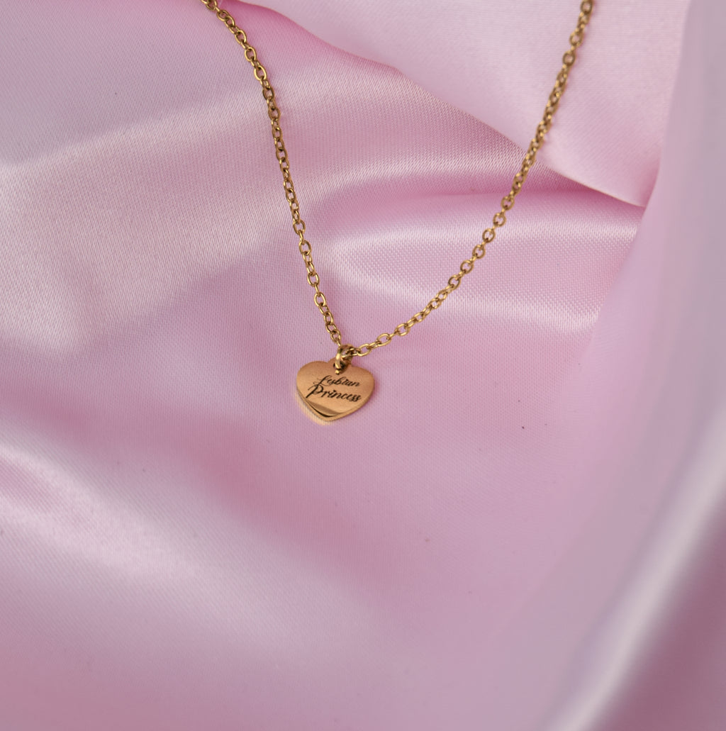 Gold Lesbian Princess Engraved Love Heart Necklace in 304 Stainless Steel