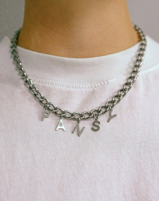PANSY letter charm chain in stainless steel Leftbians