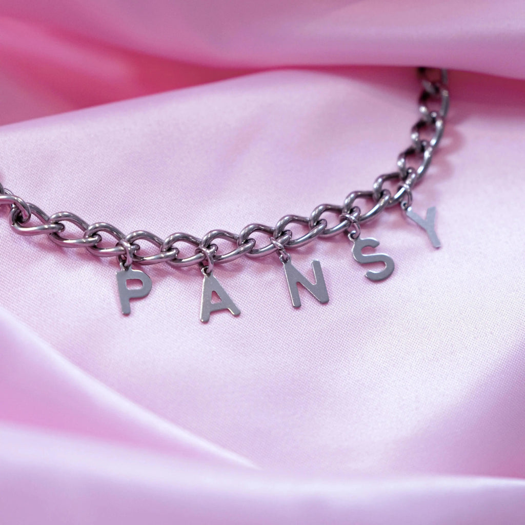 PANSY letter charm chain in stainless steel Leftbians