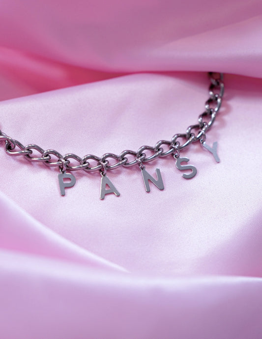 PANSY letter charm chain in stainless steel Leftbians