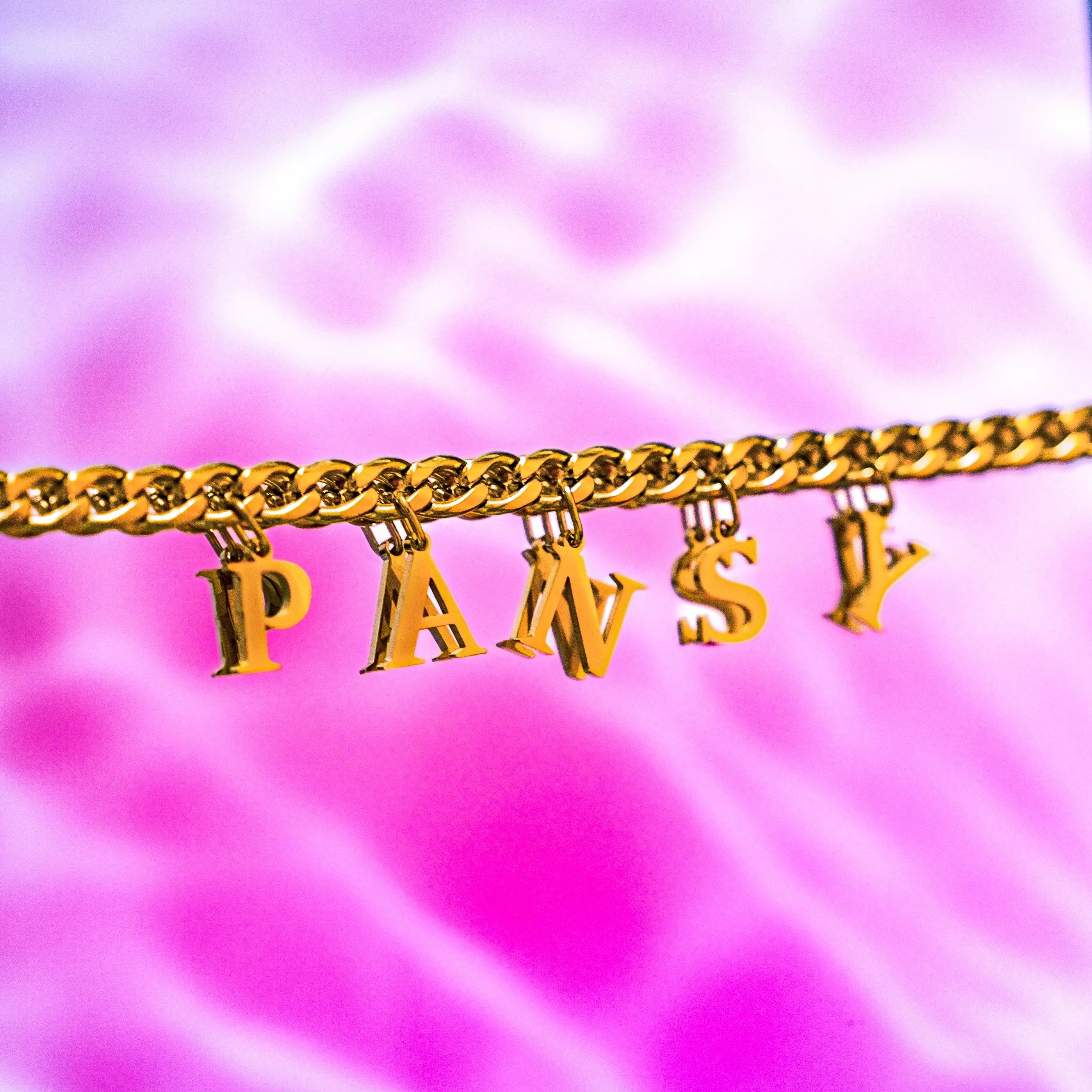 Gold PANSY letter charm chain in 304 stainless steel Leftbians
