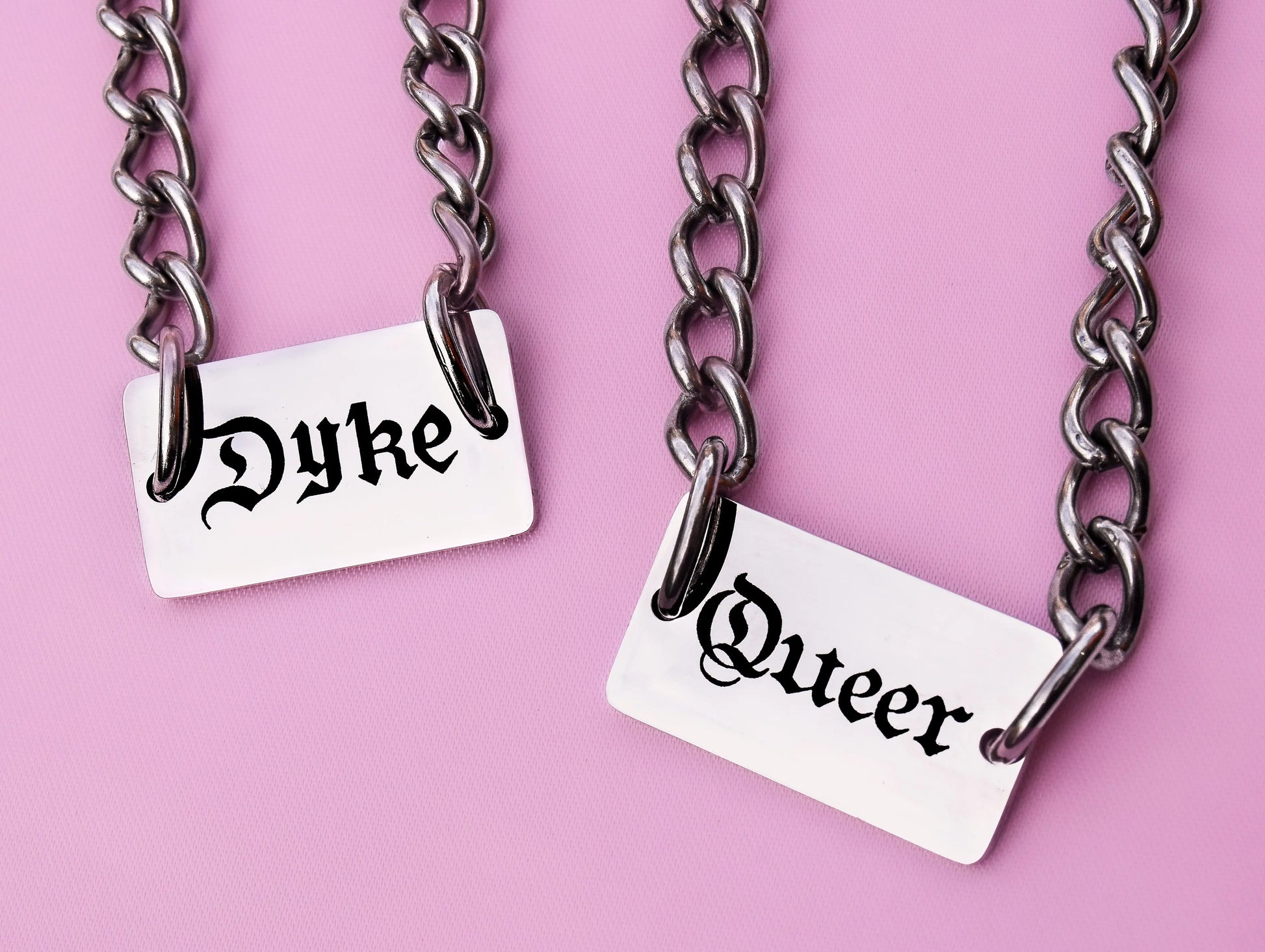 Dyke gothic text chain necklace stainless steel Leftbians