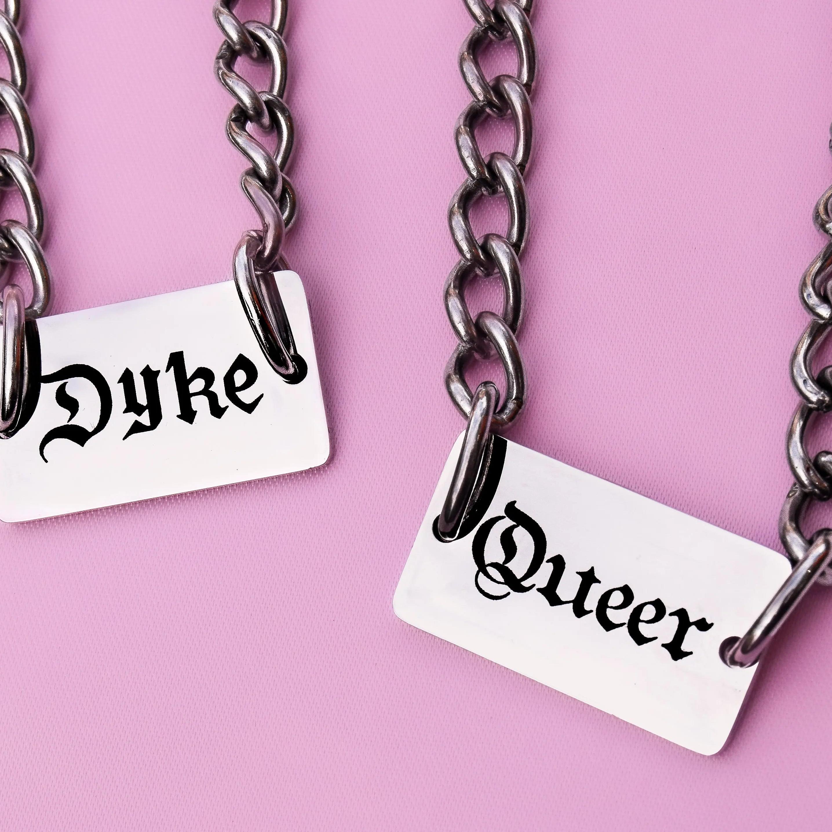 Dyke gothic text chain necklace stainless steel Leftbians