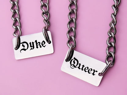 Dyke gothic text chain necklace stainless steel Leftbians