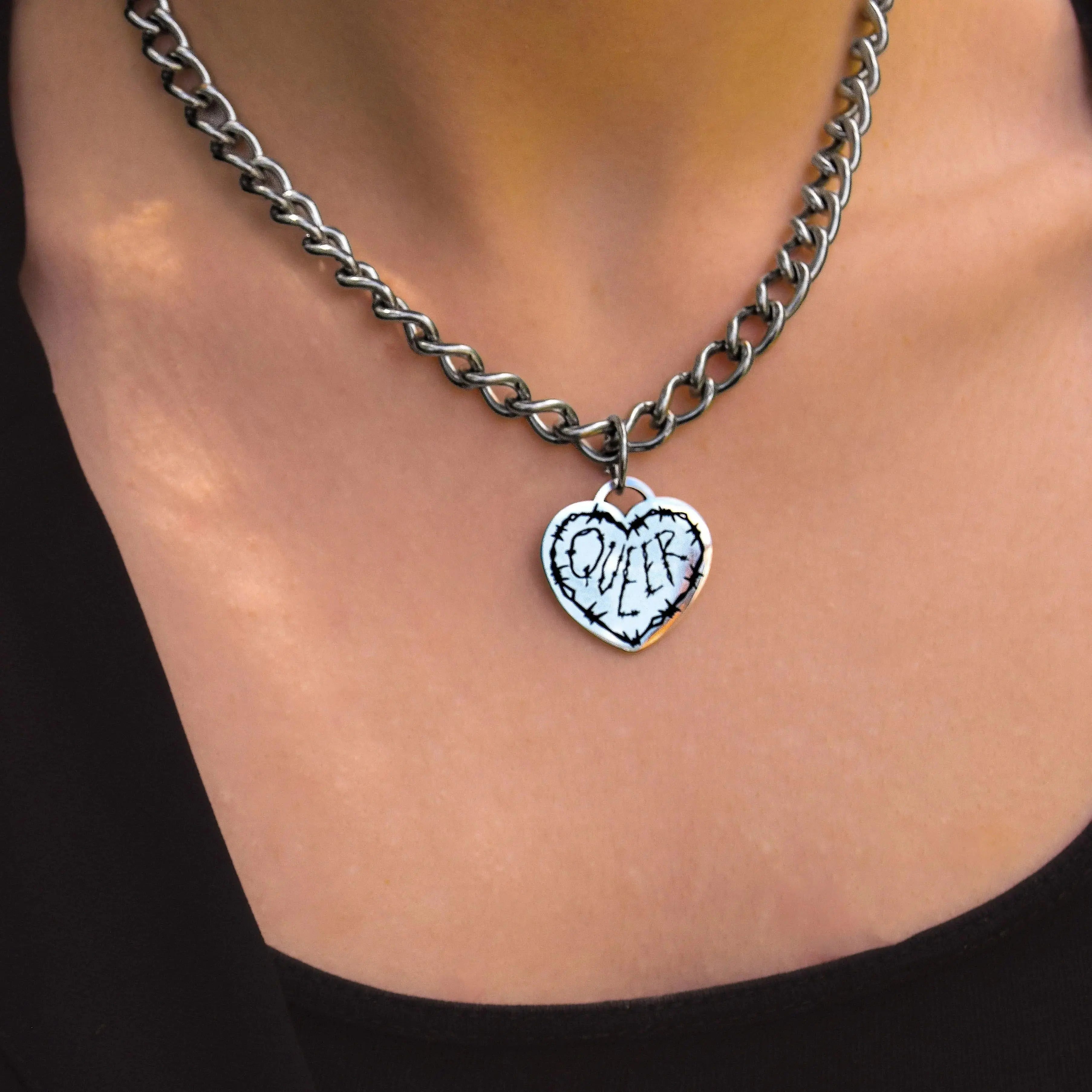 Queer barbed wire heart chain necklace stainless steel Leftbians