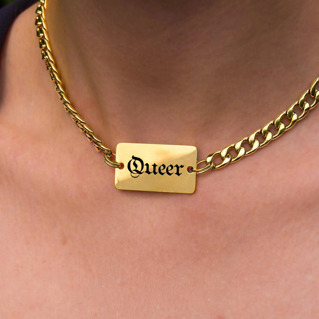 Queer gothic text chain necklace in gold stainless steel Leftbians