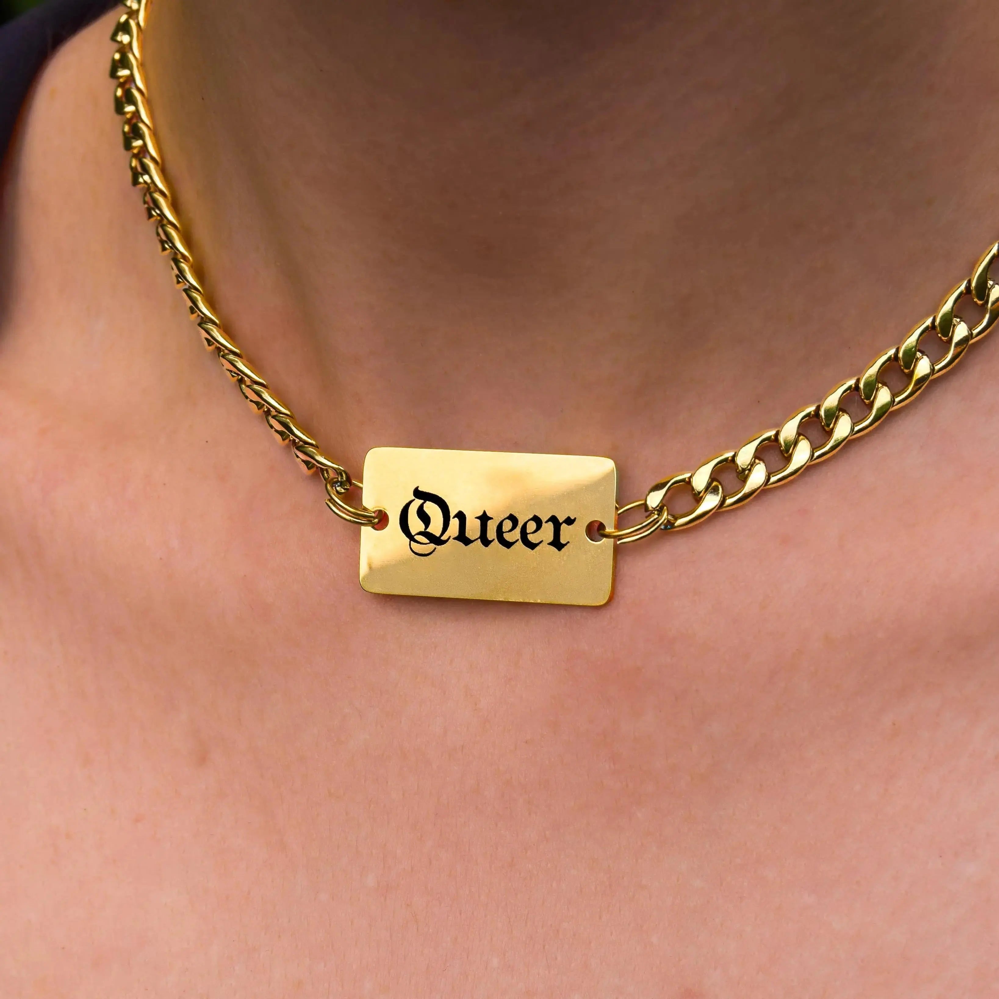 Queer gothic text chain necklace in gold stainless steel Leftbians