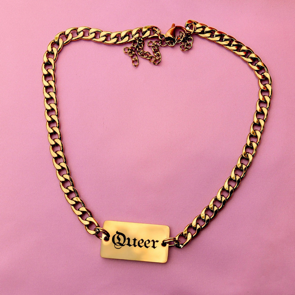 Queer gothic text chain necklace in gold stainless steel Leftbians