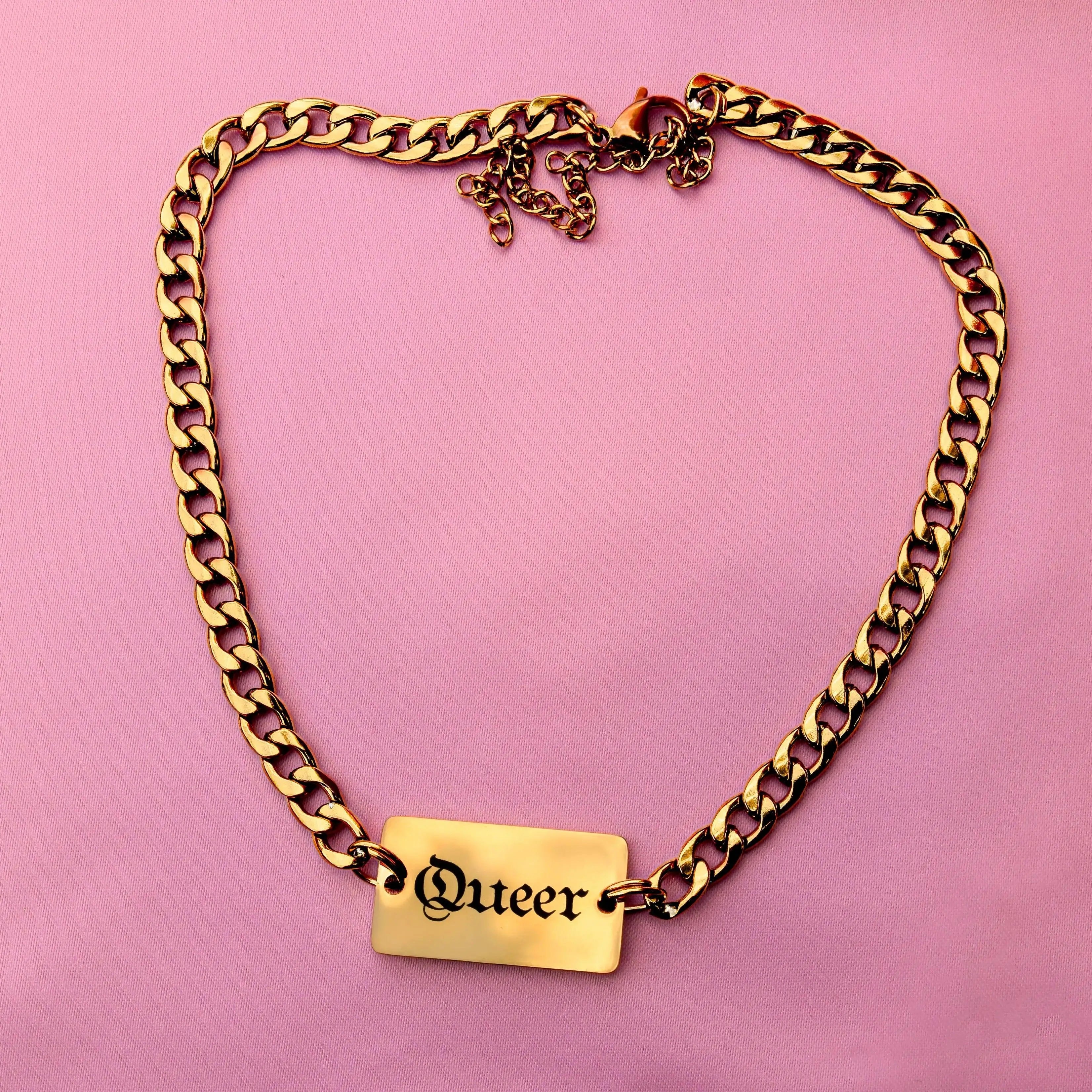 Queer gothic text chain necklace in gold stainless steel Leftbians