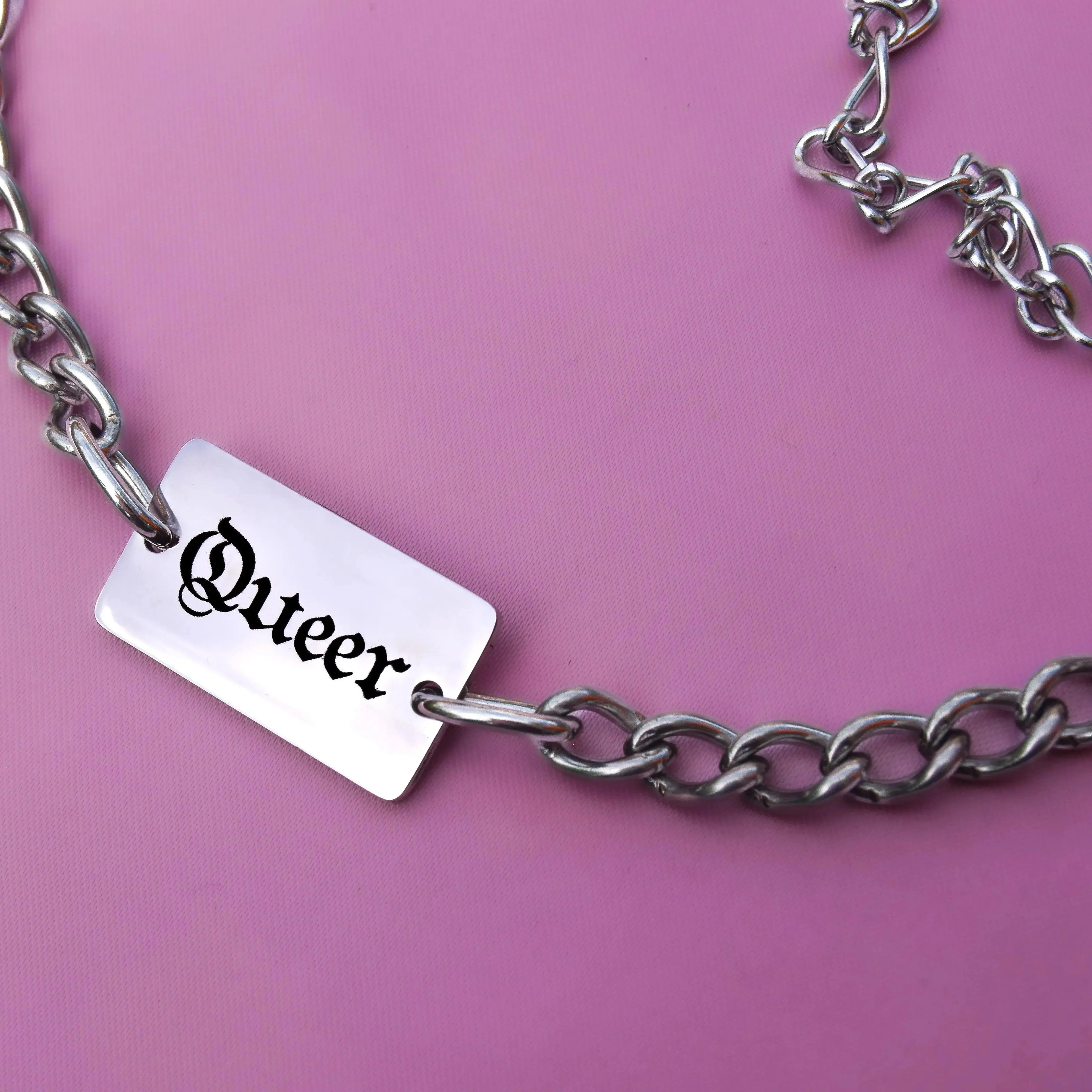 Queer gothic text chain necklace stainless steel Leftbians