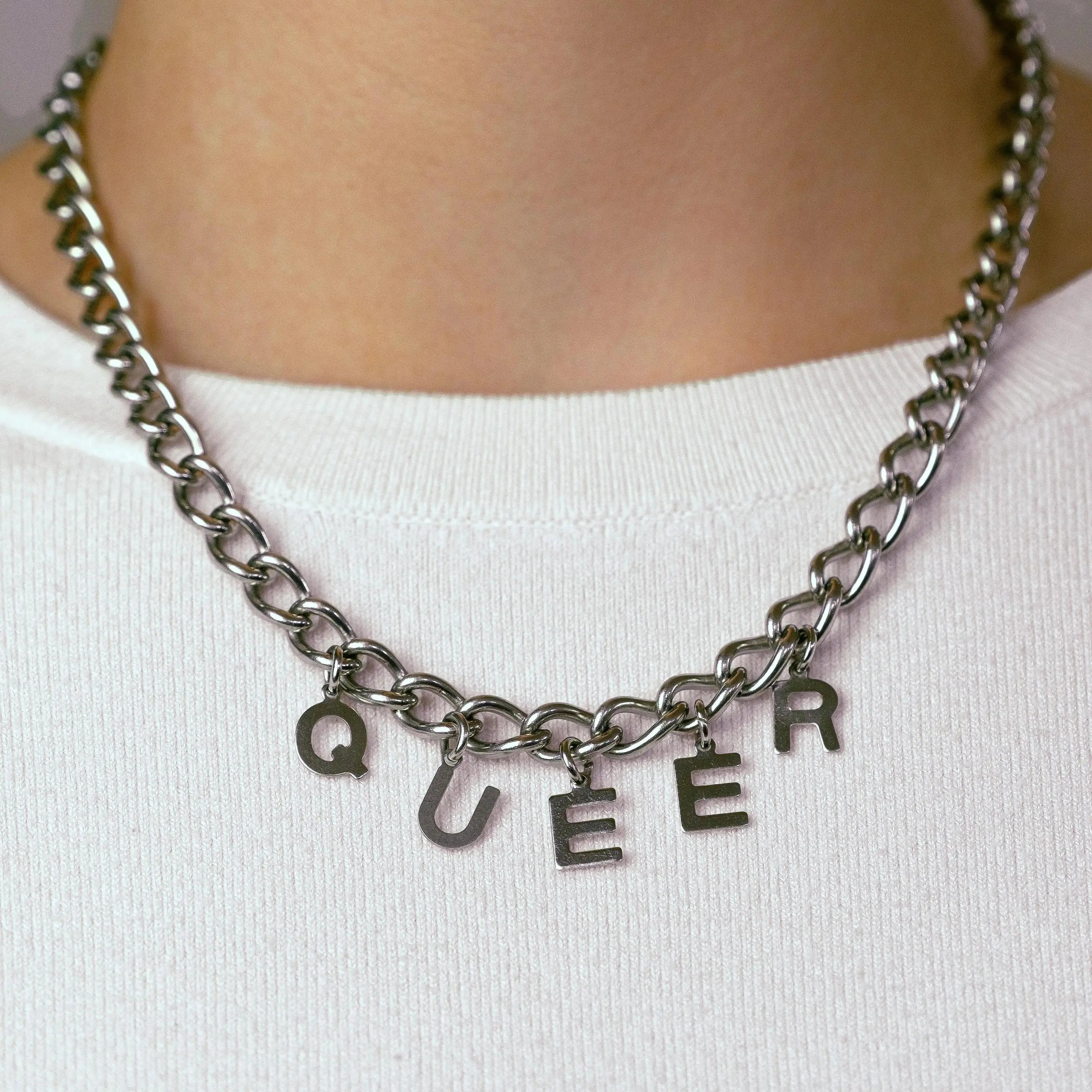 QUEER letter charm chain in stainless steel Leftbians