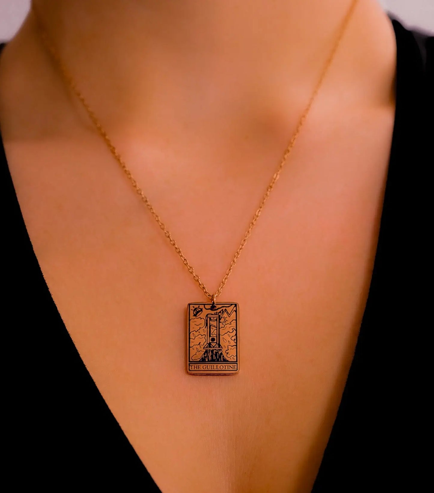 The Guillotine Tarot Card Rose Gold Stainless Steel Necklace Leftbians