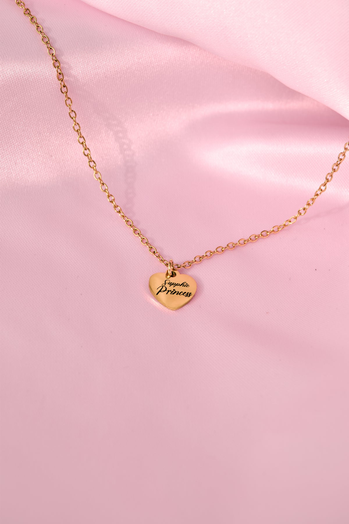 Gold Sapphic Princess Engraved Love Heart Necklace in 304 Stainless Steel