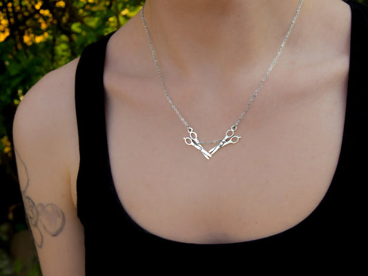Silver scissor necklace, sapphic pride necklace. Leftbians
