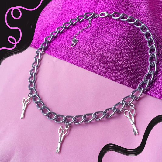 Scissor charm chunky chain choker necklace silver