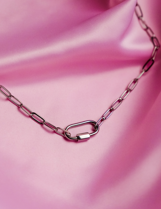 Silver carabiner paperclip chain necklace in 304 stainless steel