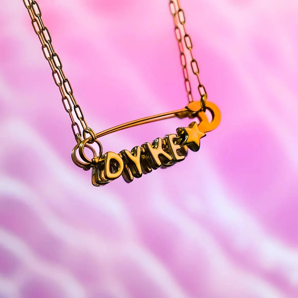 Dyke safety pin necklace, gold plated stainless steel Leftbians