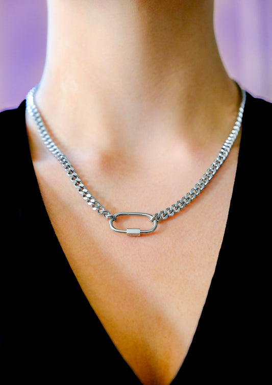 Chunky silver carabiner chain necklace in 304 stainless steel