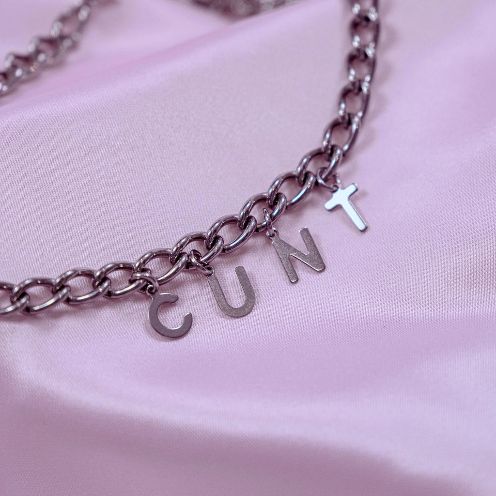 CUNT letter charm chain in stainless steel Leftbians