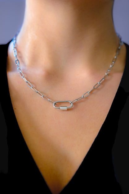 Silver carabiner paperclip chain necklace in 304 stainless steel