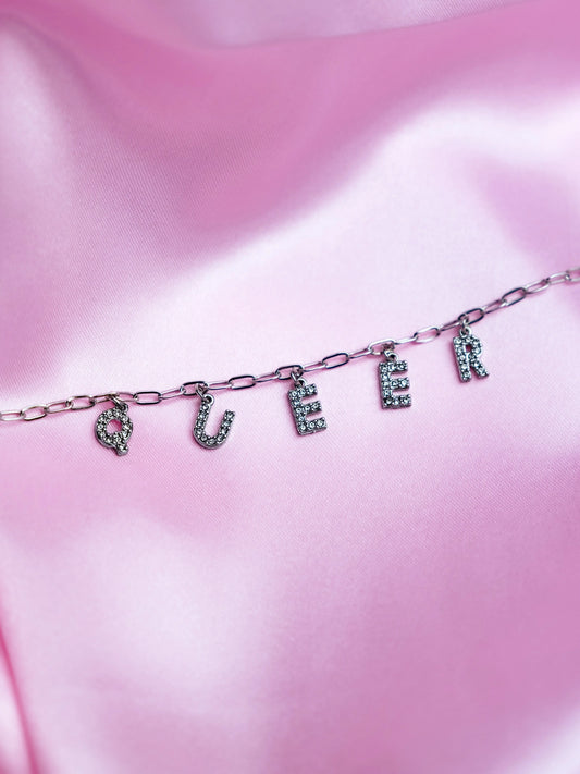 Queer sparkly word necklace in 304 stainless steel