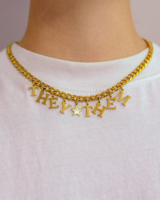 Gold They Them letter charm chain in 304 stainless steel Leftbians