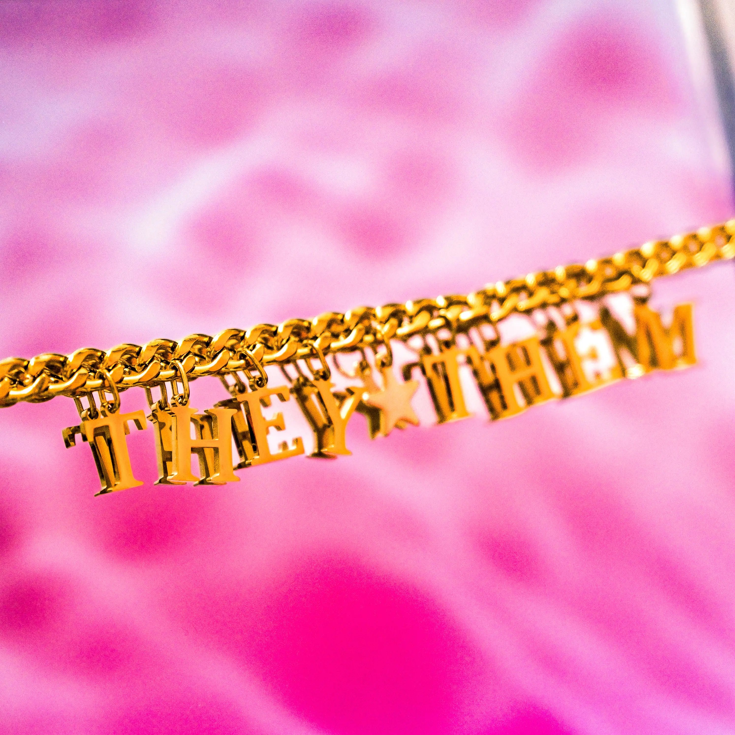 Gold They Them letter charm chain in 304 stainless steel Leftbians