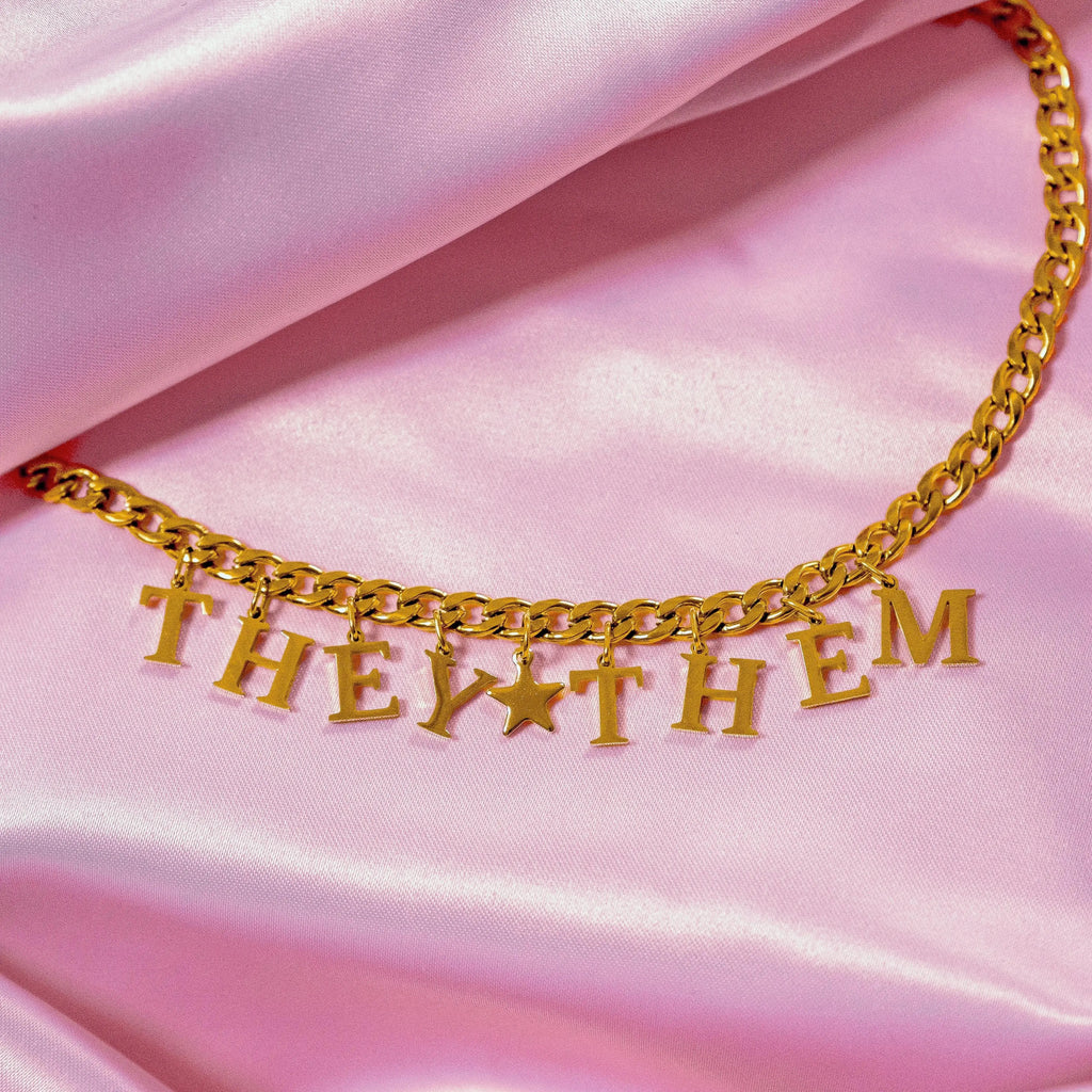 Gold They Them letter charm chain in 304 stainless steel Leftbians