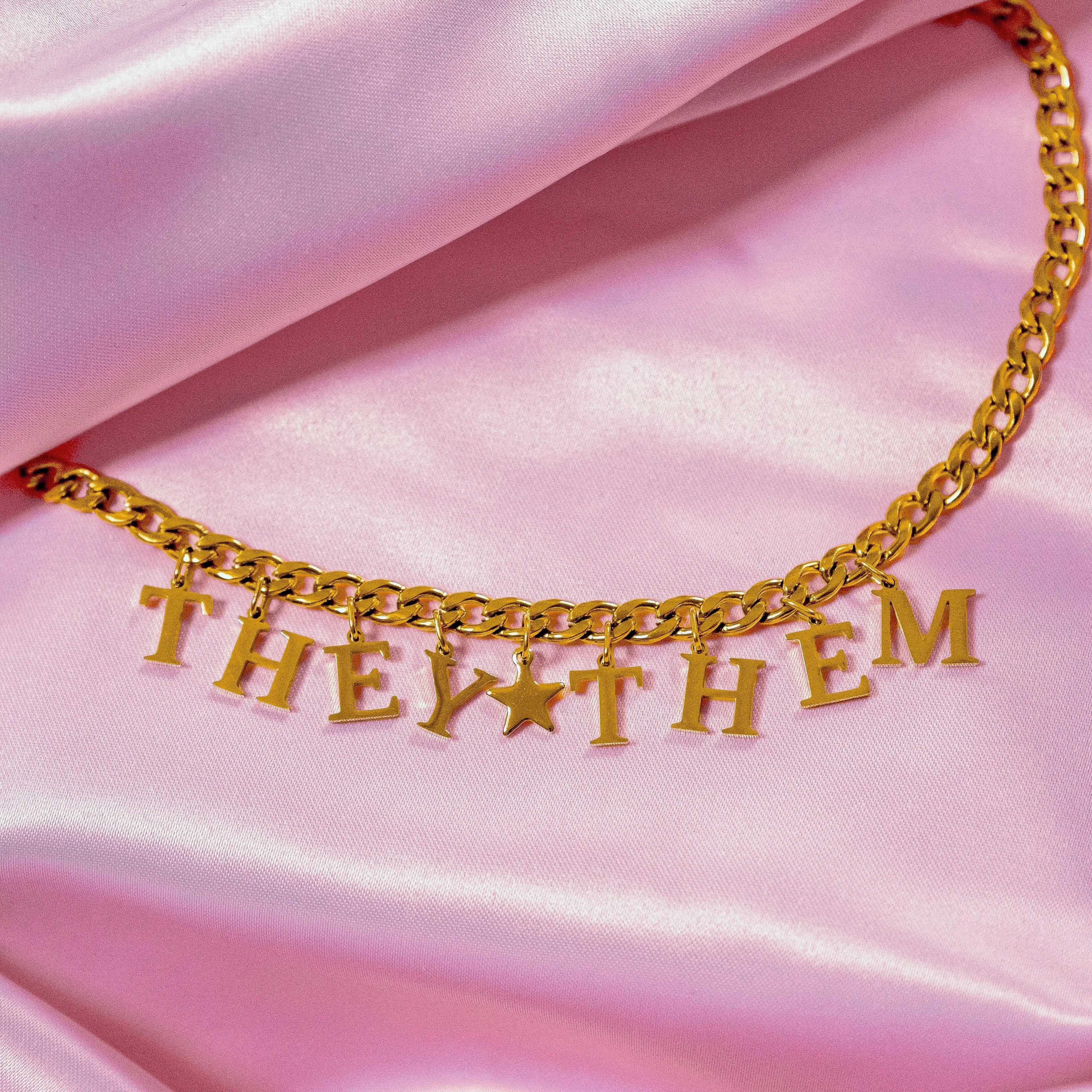 Gold They Them letter charm chain in 304 stainless steel Leftbians