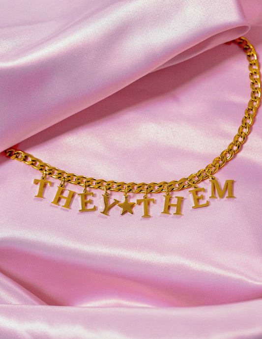 Gold They Them letter charm chain in 304 stainless steel Leftbians
