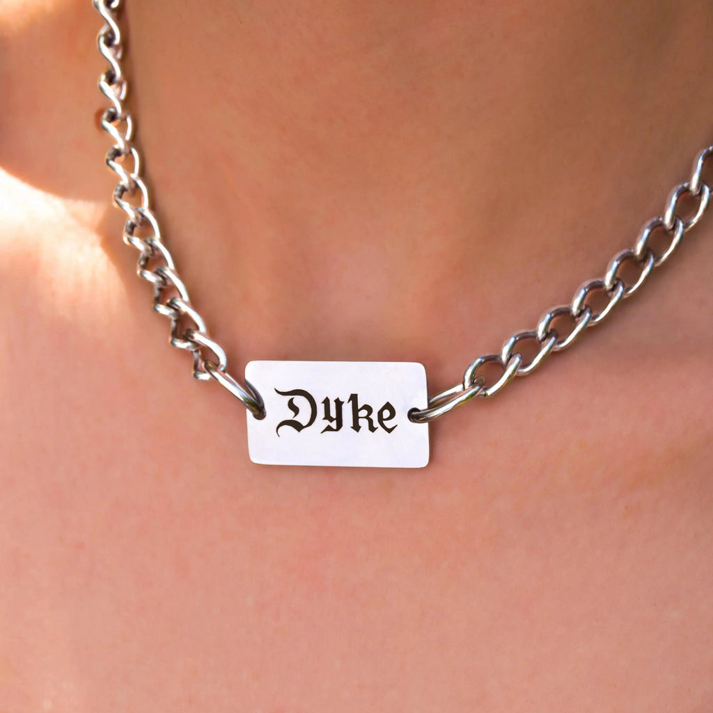 Dyke gothic text chain necklace stainless steel Leftbians