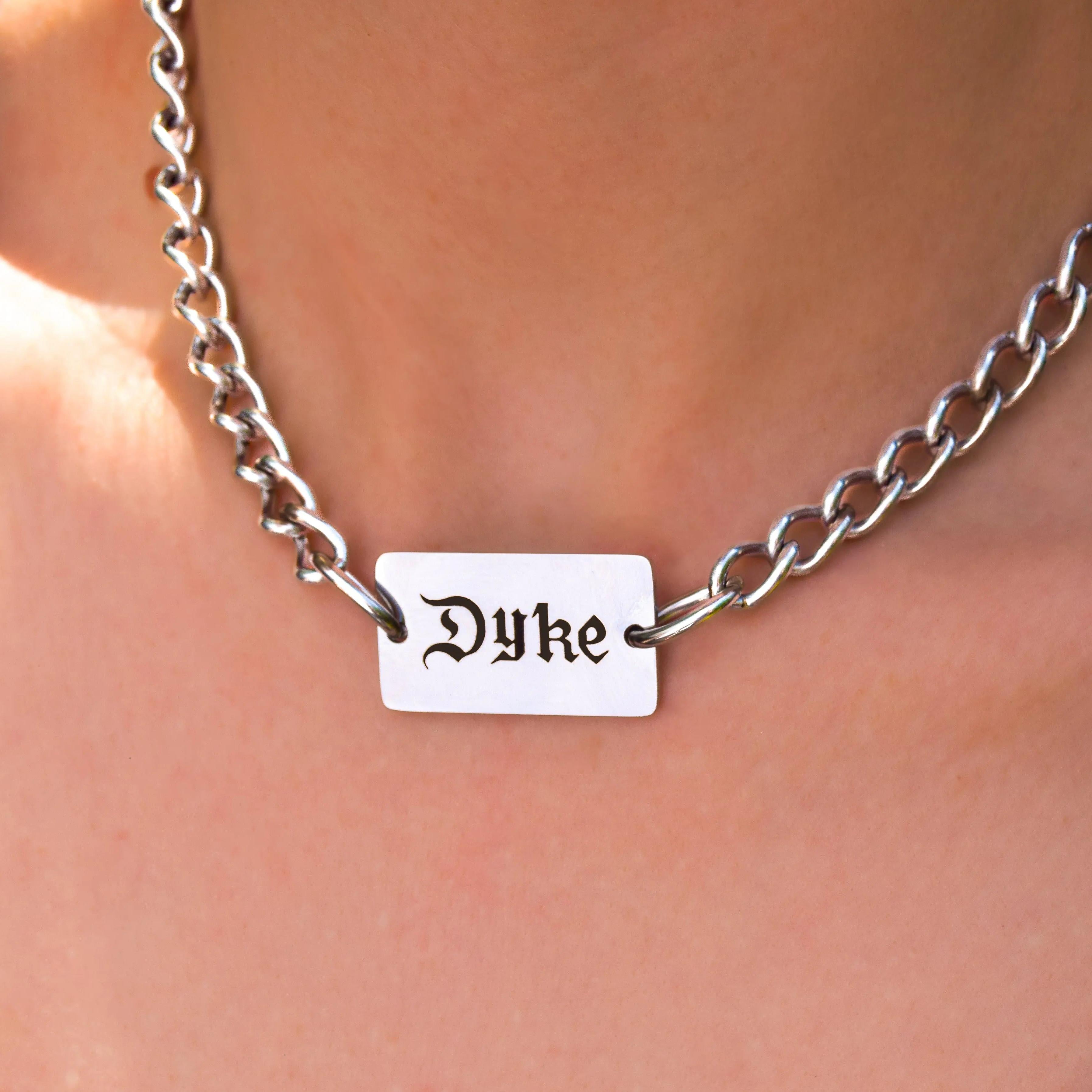 Dyke gothic text chain necklace stainless steel Leftbians