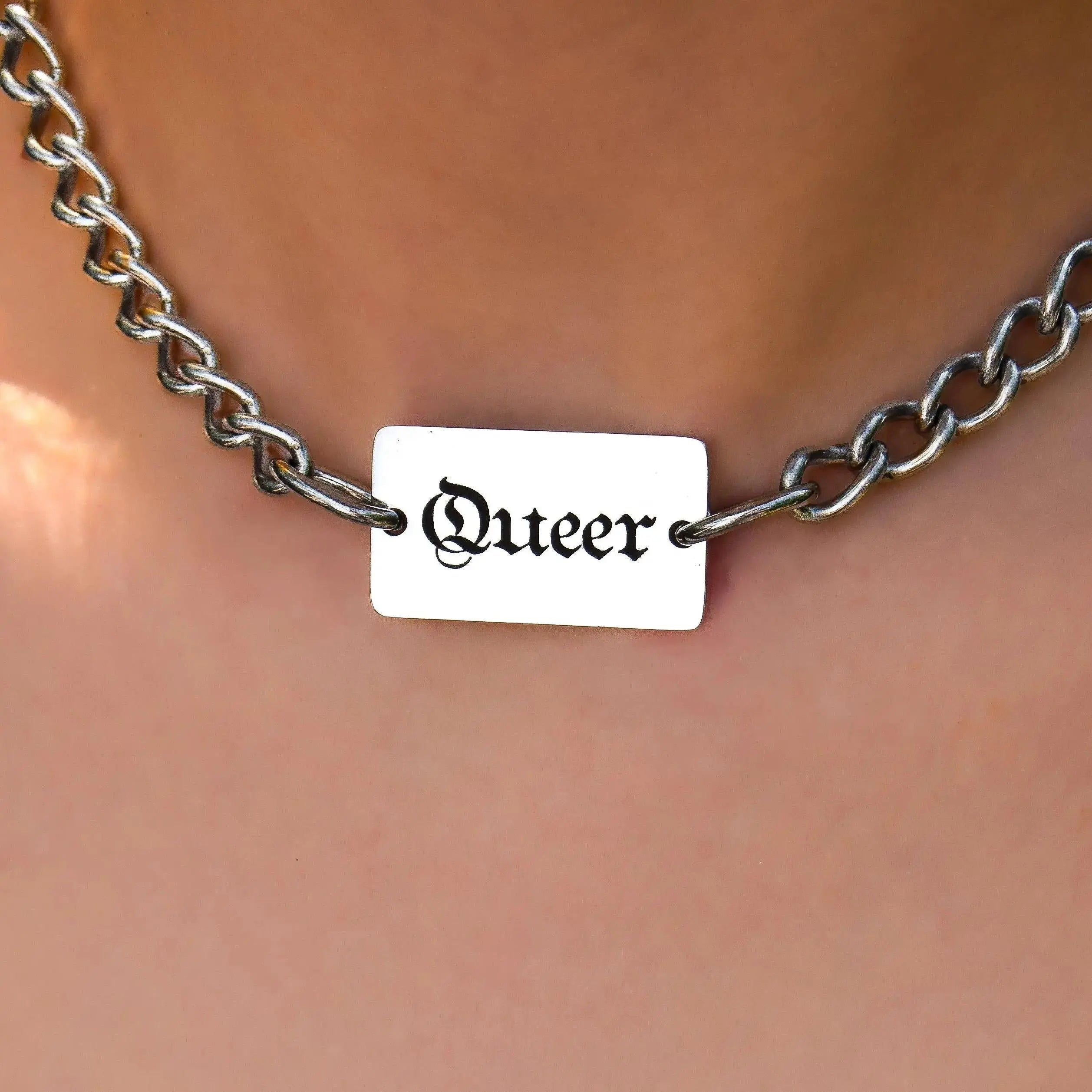 Queer gothic text chain necklace stainless steel Leftbians