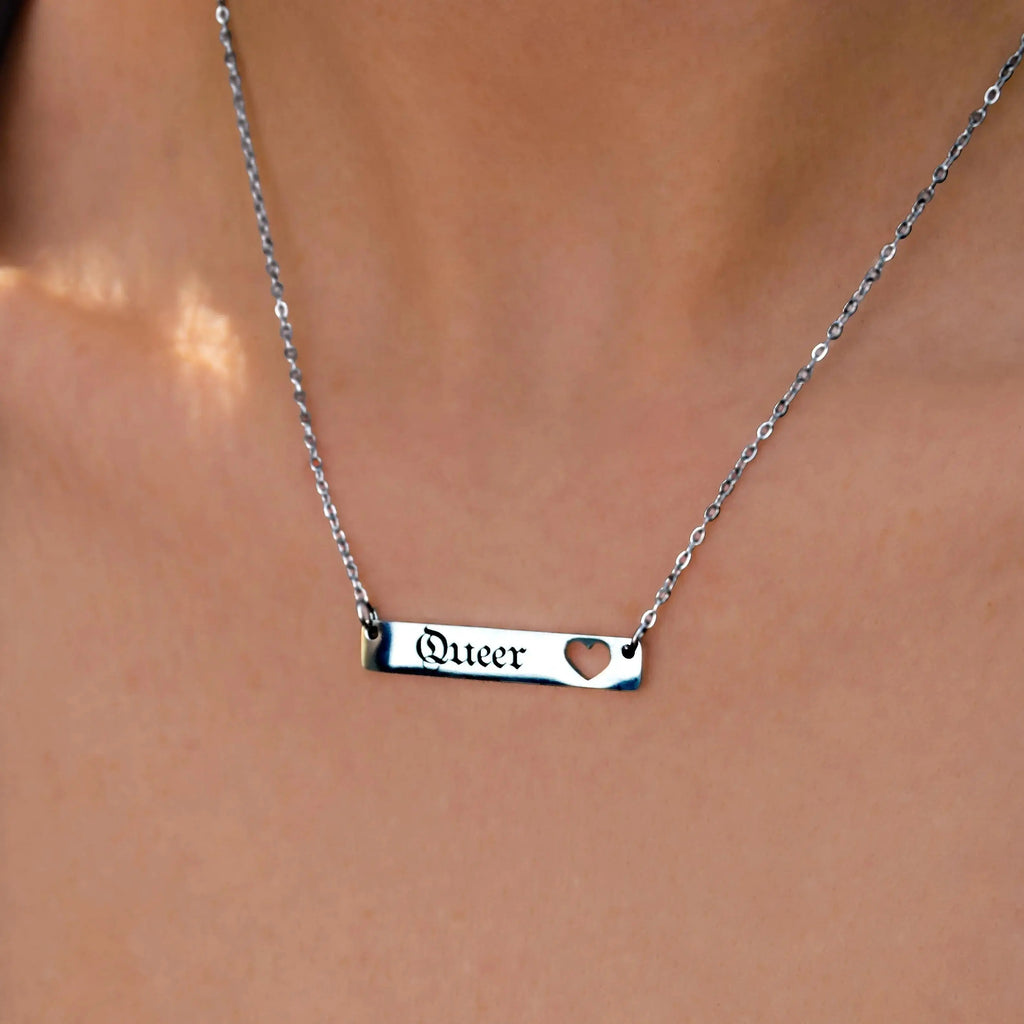 Queer gothic text on bar pendant necklace, stainless steel Leftbians