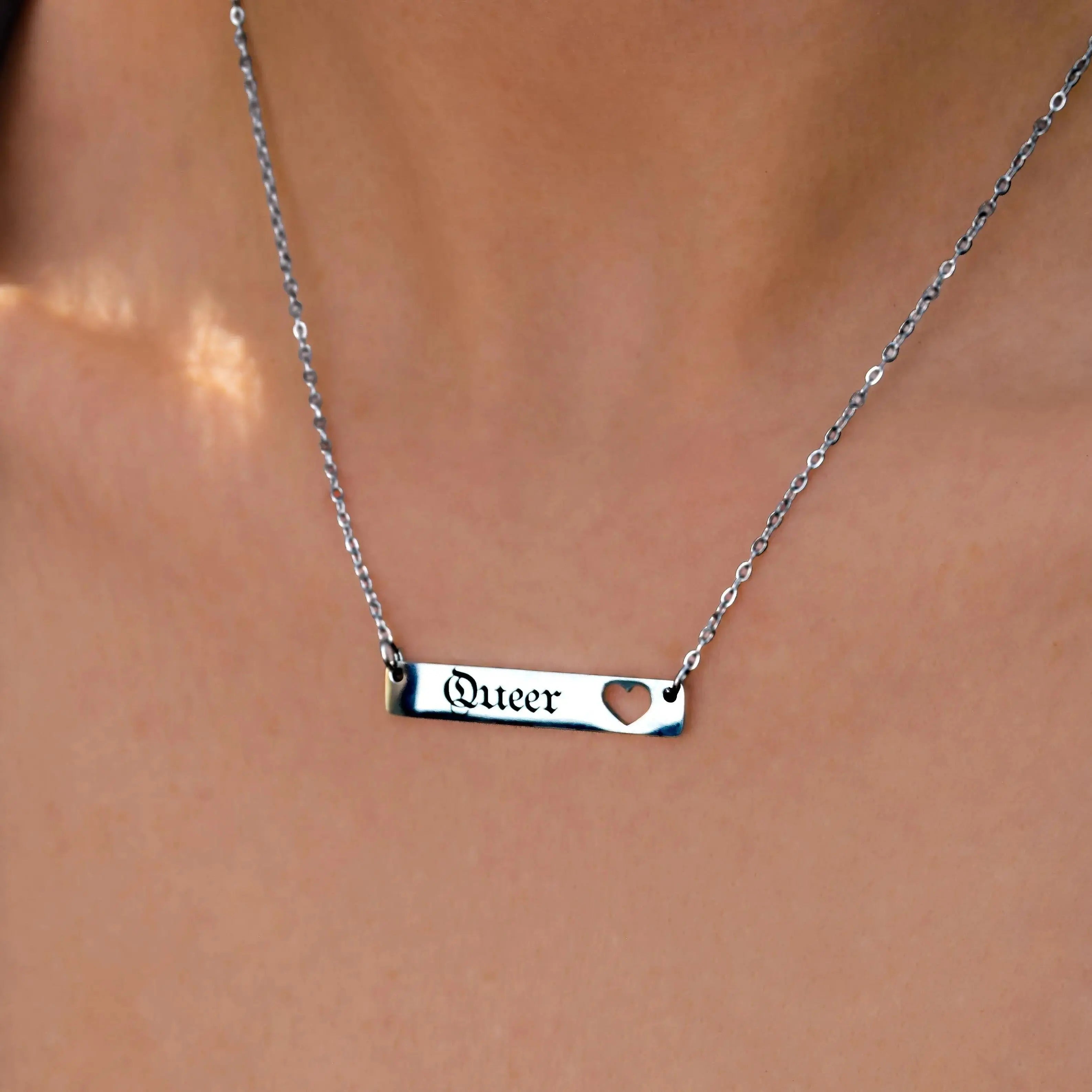 Queer gothic text on bar pendant necklace, stainless steel Leftbians