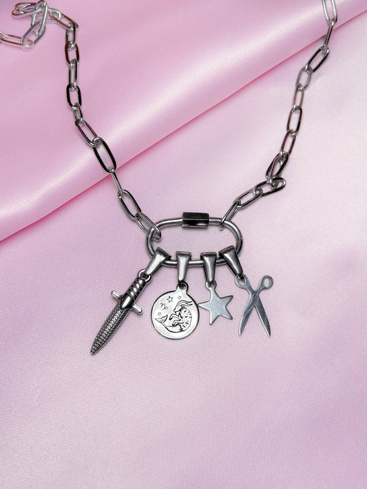 Silver carabiner charm necklace in 304 stainless steel