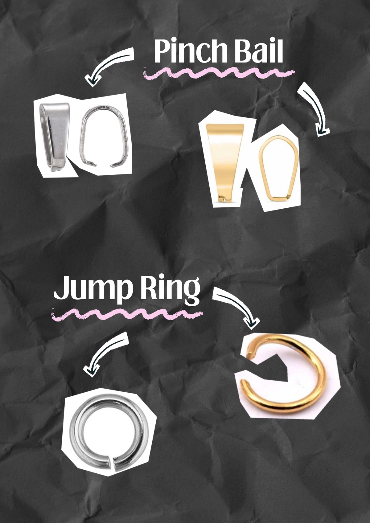Guide to the two ways a loose charm arrives: on a pinch bail or on a jump ring, in silver or gold