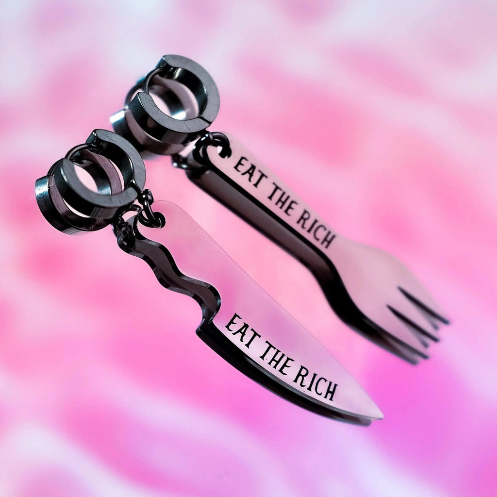 Eat The Rich knife and fork stainless steel earrings Leftbians