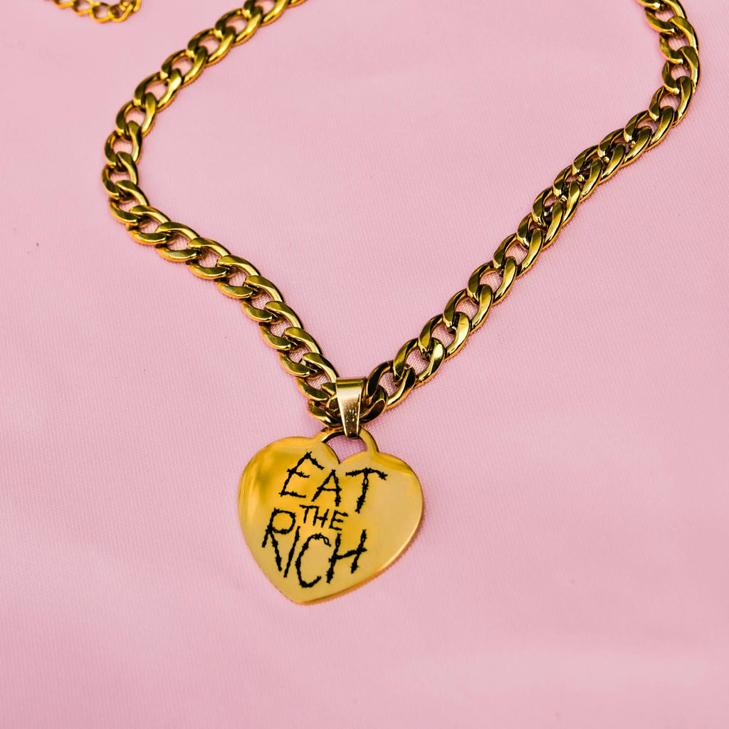Gold Eat The Rich engraved heart chunky chain in 304 stainless steel Leftbians